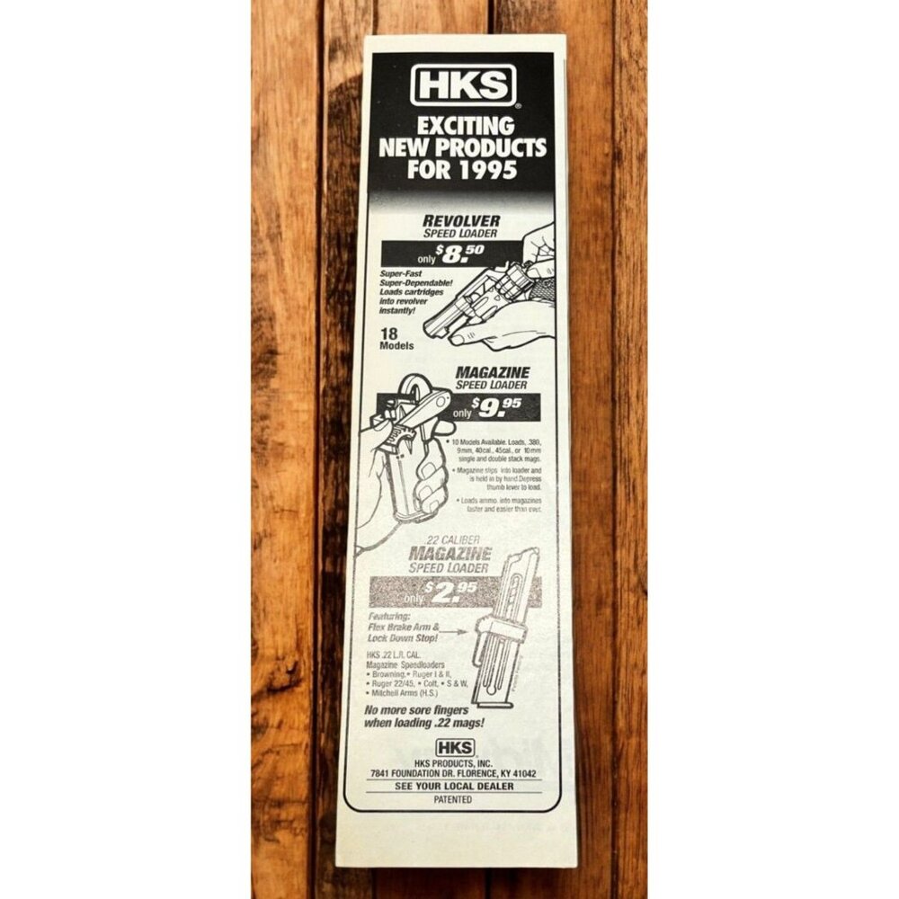 HKS Firearm Accessories Vintage Print Ad 1990s Revolver & Magazine Speed Loaders